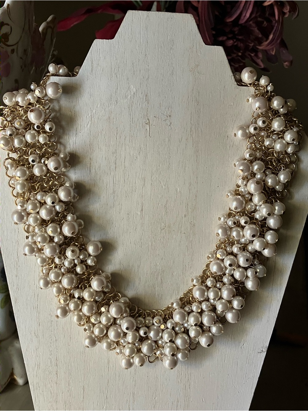 Talbots Mesh Runway Necklace With Pearl Dangles Gold Tone